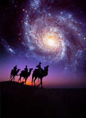 Three men on camels, with a large galaxy in the background